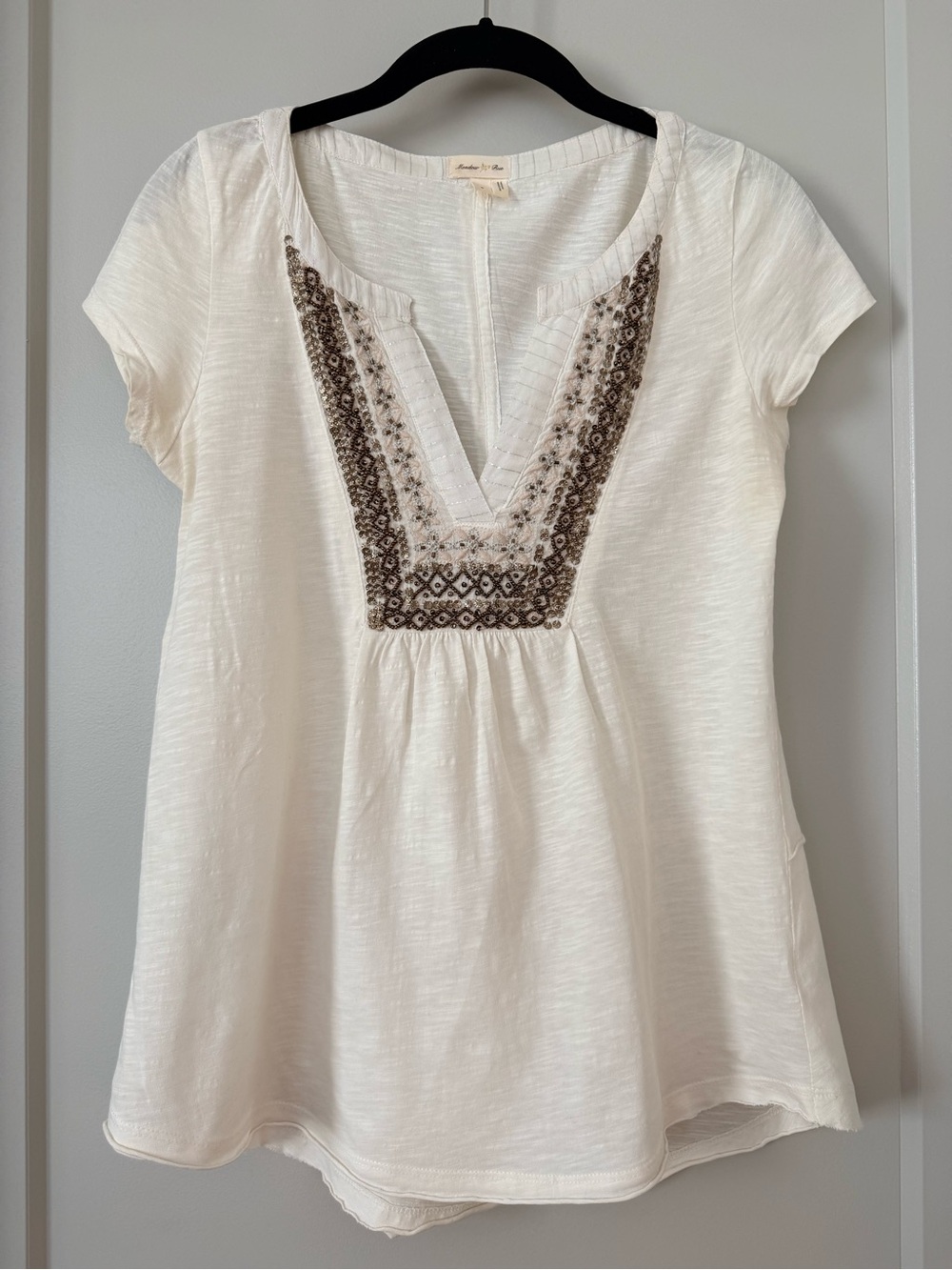 Meadow Rue Cotton Top with Embroidered Beads and V-Front (Anthropologie)